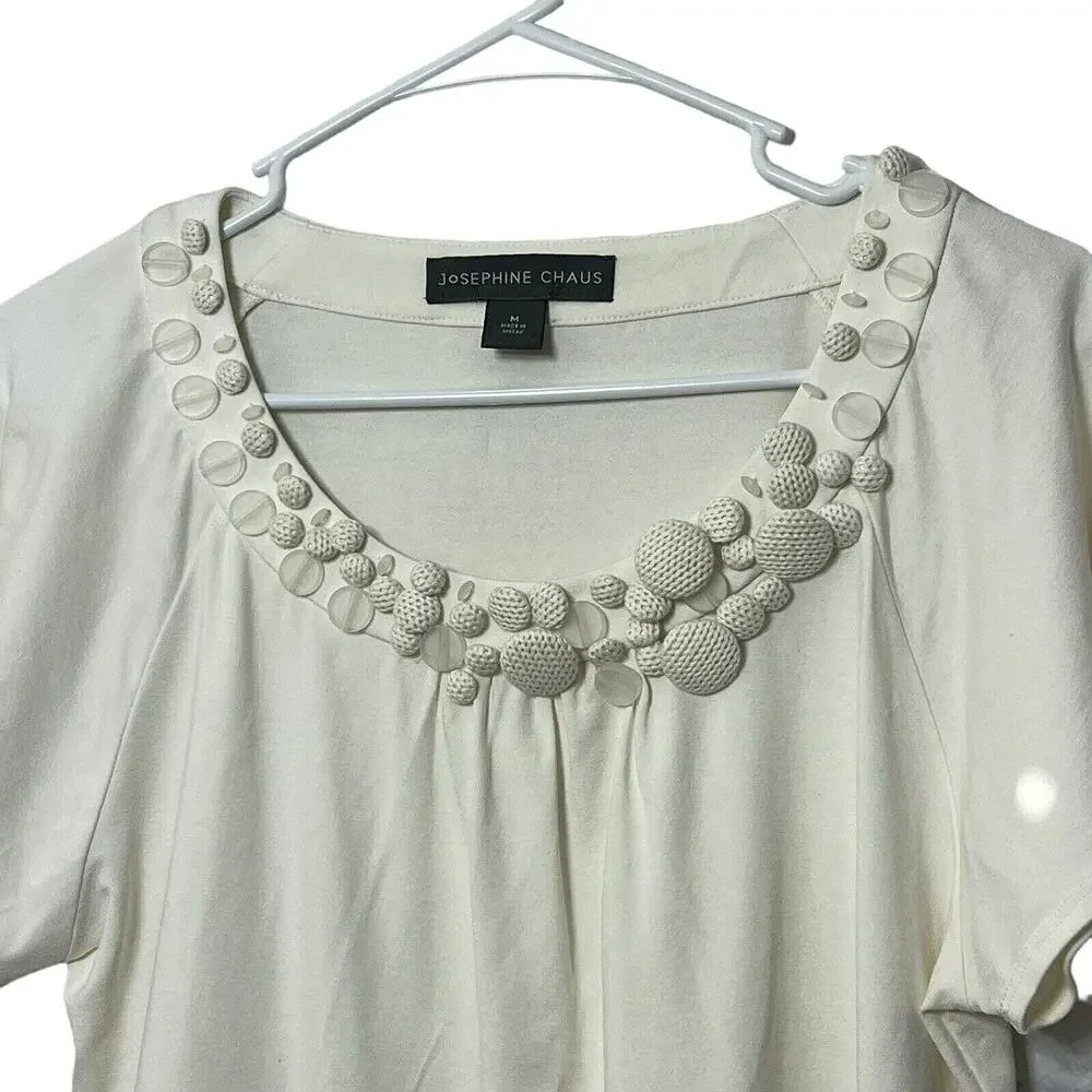 Josephine Chaus Short Sleeve Top Preppy Cream Cottagecore Ivory Size M Boho - Picture 3 of 12